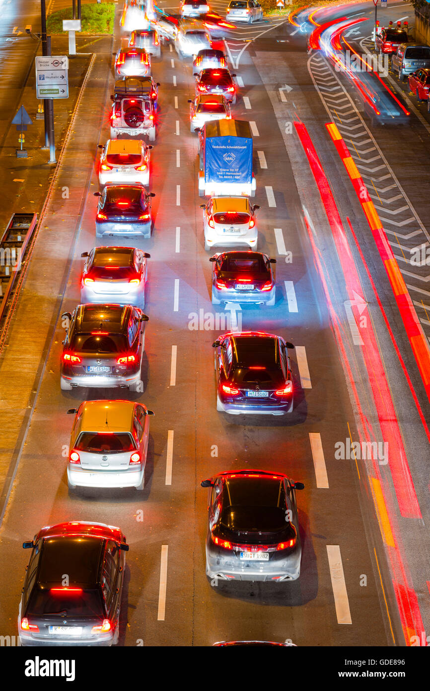 Cars,Automobiles,rush-hour,traffic,blur,brake lights,Germany,Europe,automobiles,Cologne,night,North Rhine-Westphalia, Stock Photo