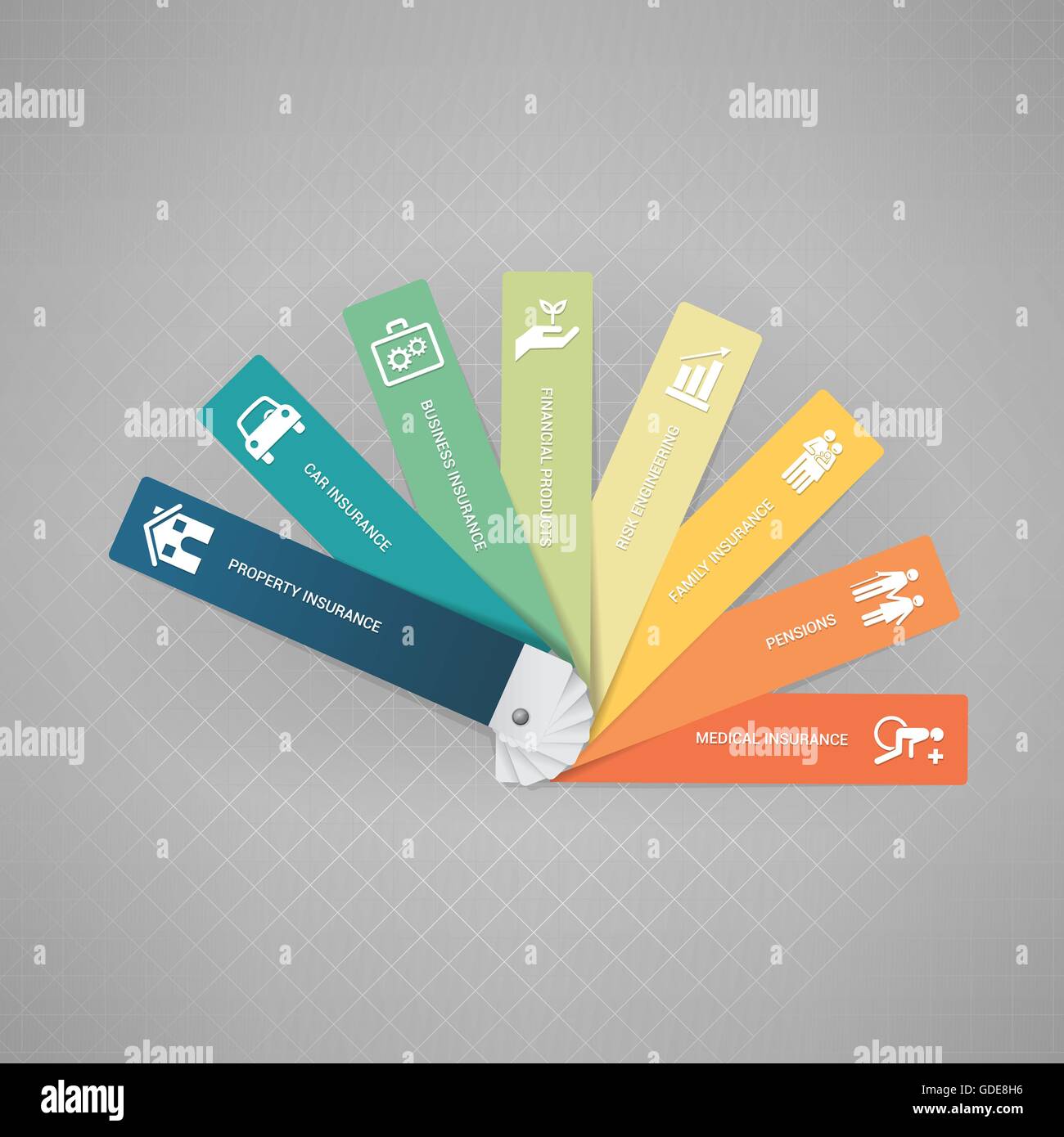 Insurance products on a color swatch, icons set and copy space Stock Vector