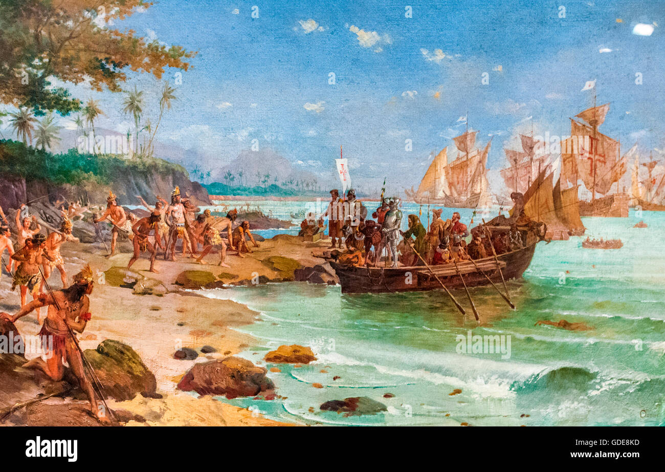 Landing of Pedro Alvares Cabral in Porto Seguro, in 1500. Brazil Stock Photo