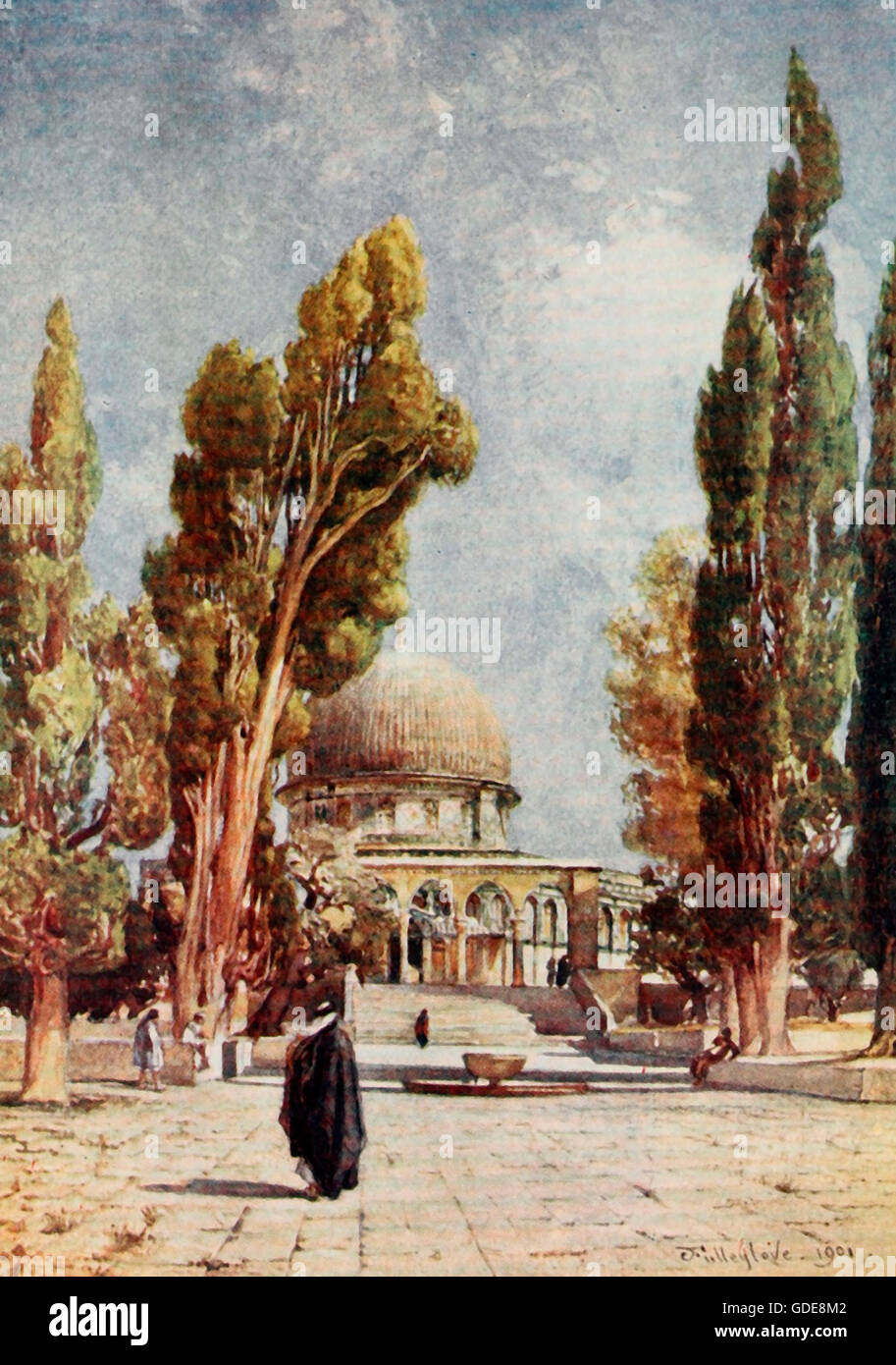 The Dome of the Rock (Mosque of Omar) as seen from the porch on the north side of the Mosque El Aksa. Holy Land, circa 1900 Stock Photo