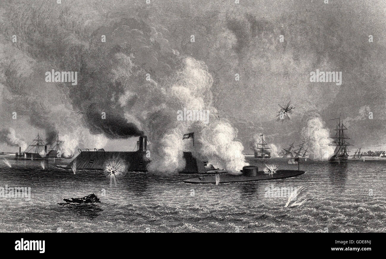 The Monitor and the Merrimac, Battle of Hampton Roads, USA Civil War Stock Photo