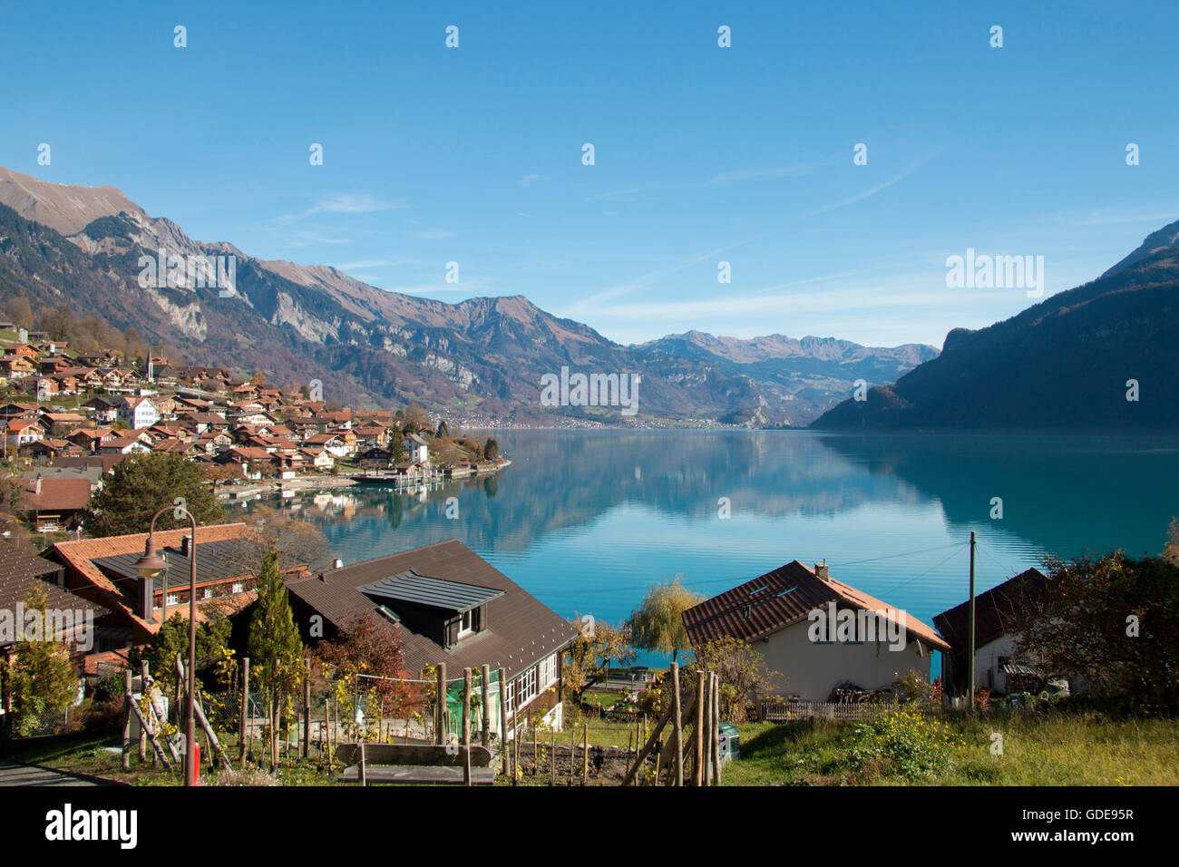 Oberried,autumn,Bernese Oberland,canton Bern,Switzerland,Europe,village,Brienzersee,lake,Lake Brienz, Stock Photo