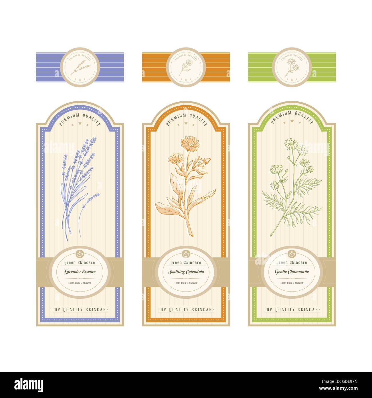 Natural product label with plant: lavender, calendula and chamomile Stock Vector