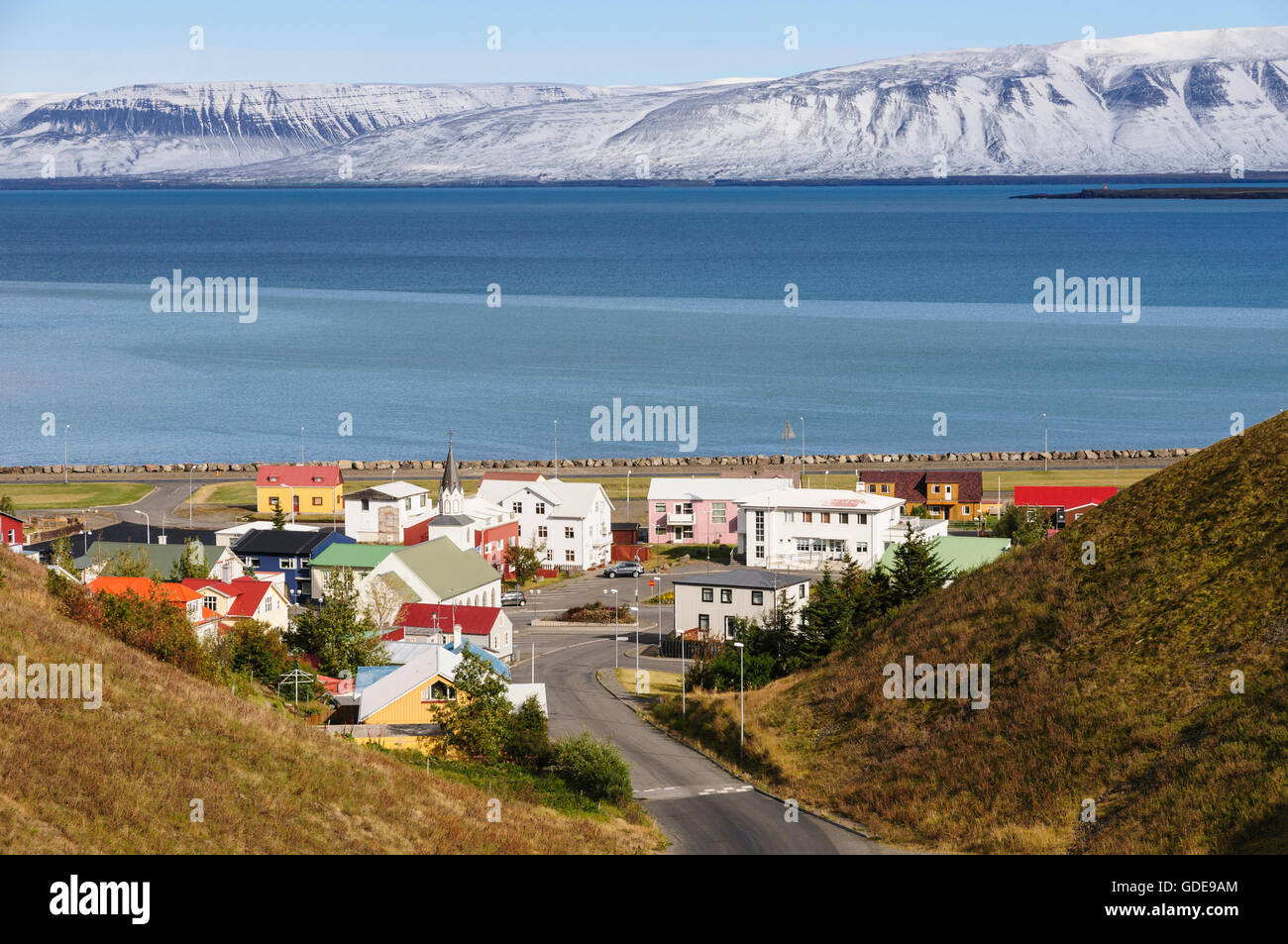 The small town Saudarkrokur in the fjord Skagafjördur in north Iceland. Stock Photo