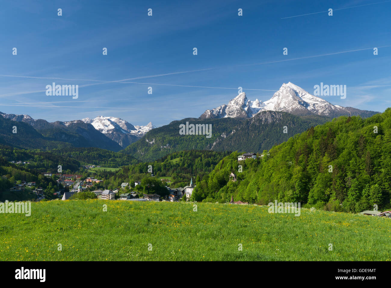 Panorama over Berchtesgaden with Watzmann Stock Photo