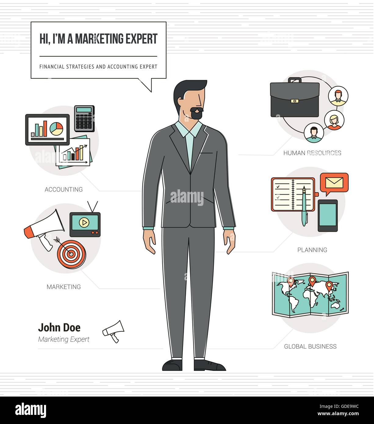 Professional marketing expert infographic skills resume with work tools, equipment and icons Stock Vector