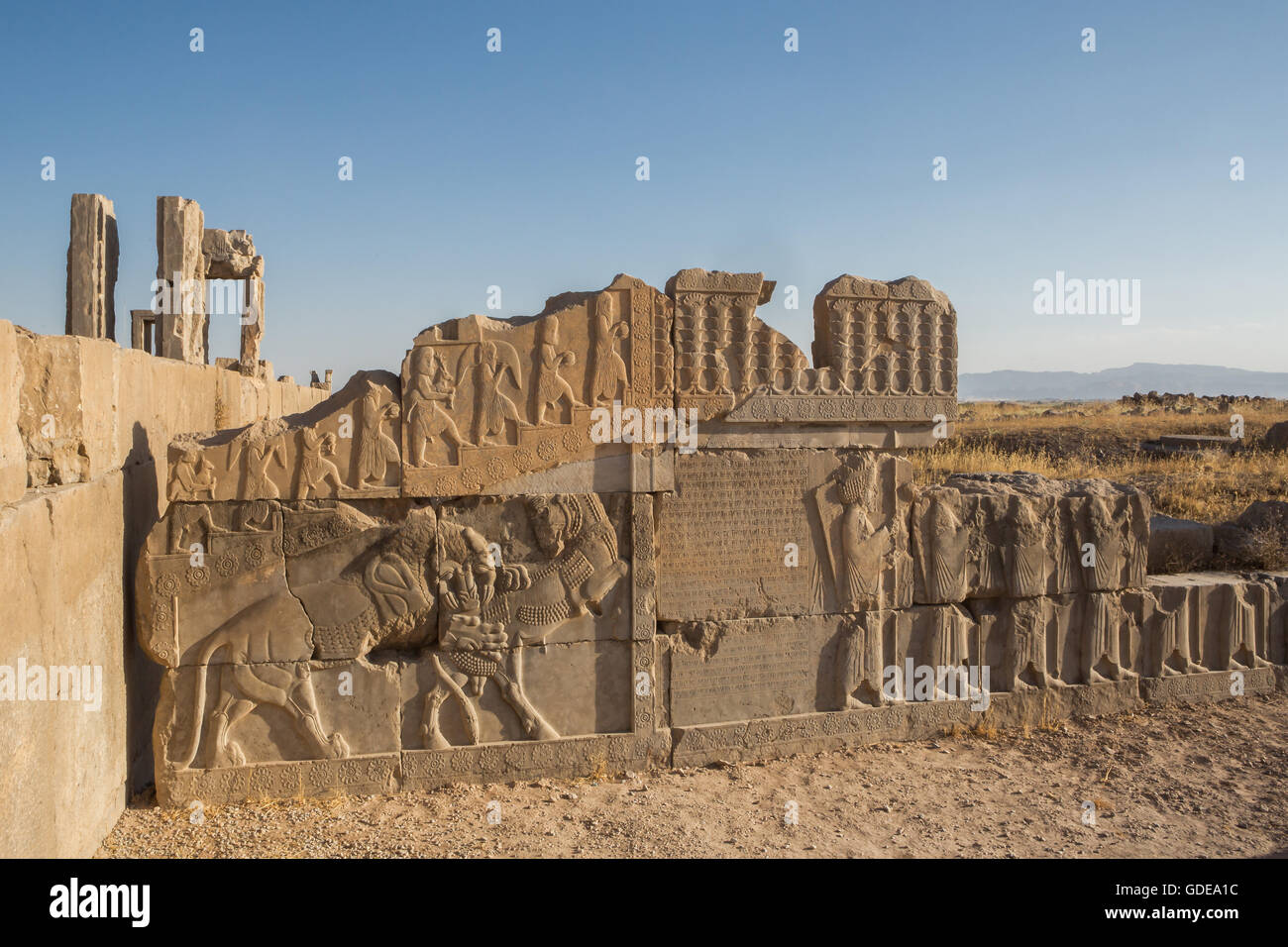 Iran,Persepolis City,Ruins of Persepolis,Relief at the Apadana Staircase,Apadana Palace Stock Photo