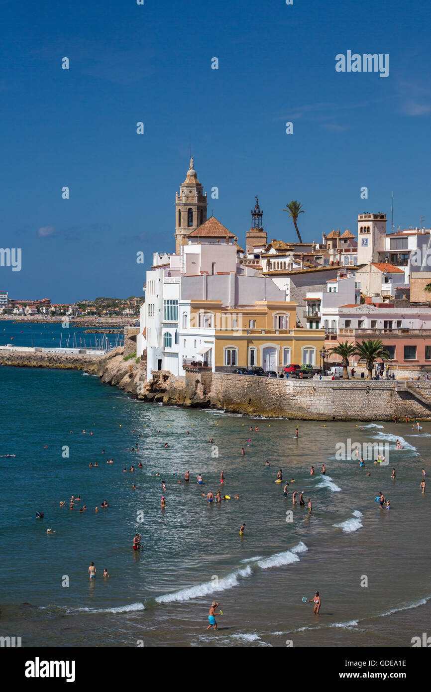 Spain,Catalonia,Sitges City,Beach,old town, Stock Photo