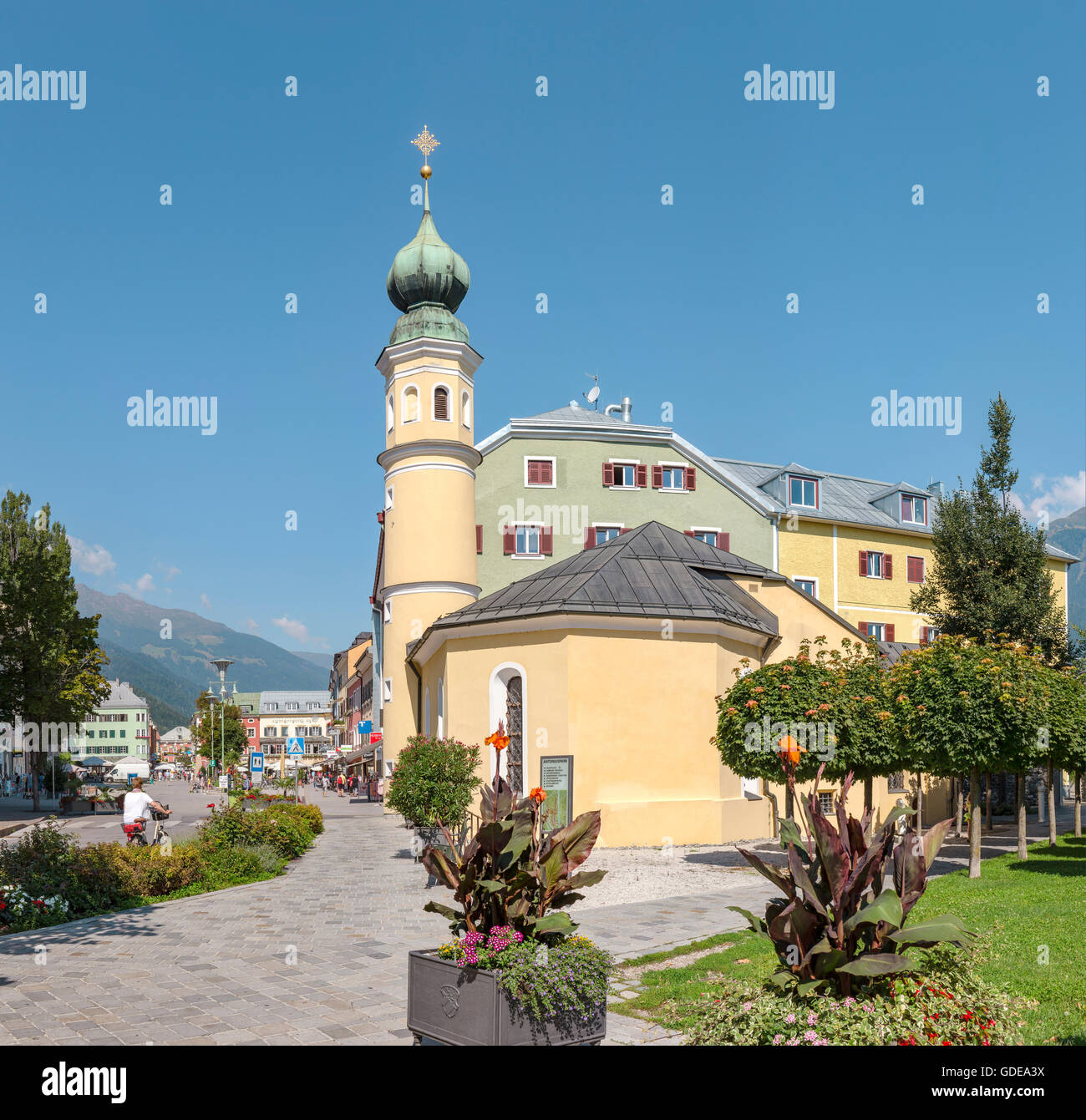 Lienz,Austria,The Antoniuskirchl church at the central square Hauptplatz Stock Photo