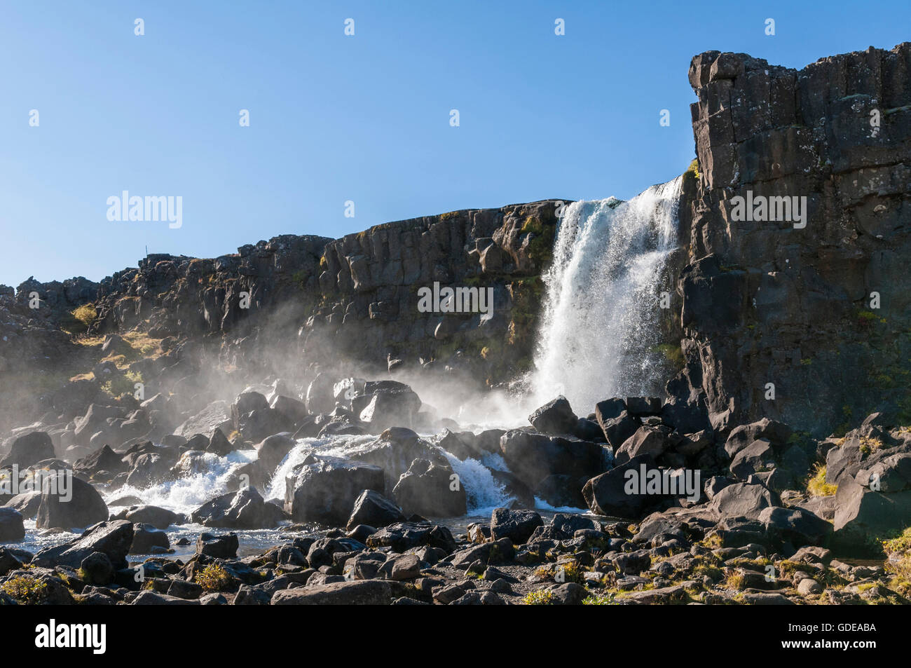 Almannagja gorge in Pingvellir national park with Öxararfoss waterfall ...