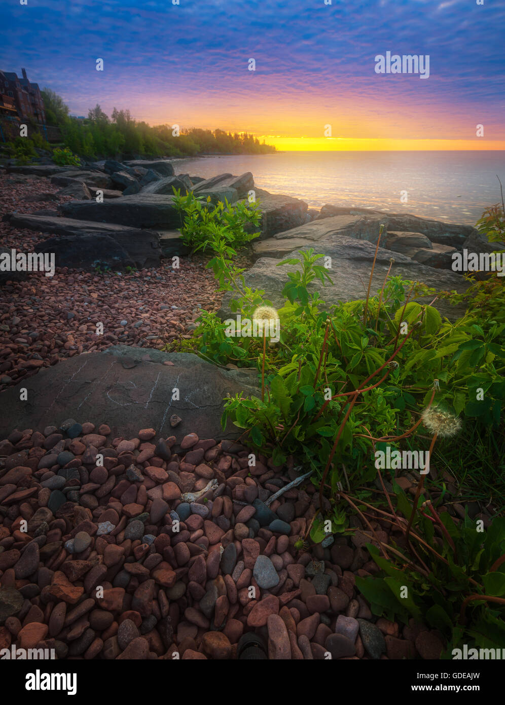 Beautiful morning sunrise at Canal Park, Duluth, Minnesota Stock Photo