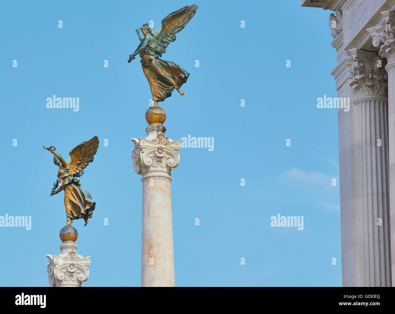 Winged victory statues on columns, Vittorio Emanuele Monument Rome Lazio Italy Europe Stock Photo