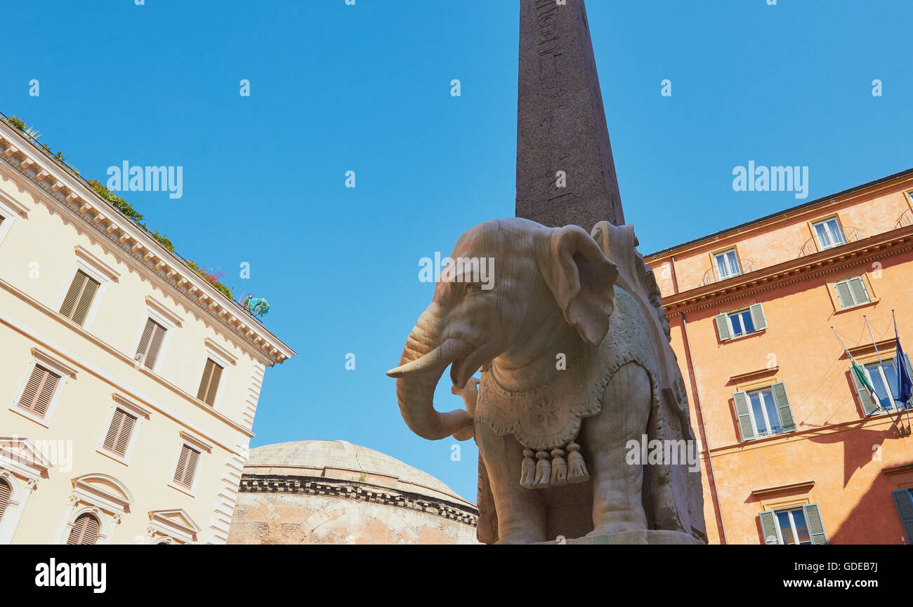 Marble elephant sculpture by Bernini 1667 and Egyptian obelisk Piazza Della Minerva Rome Lazio Italy Europe Stock Photo