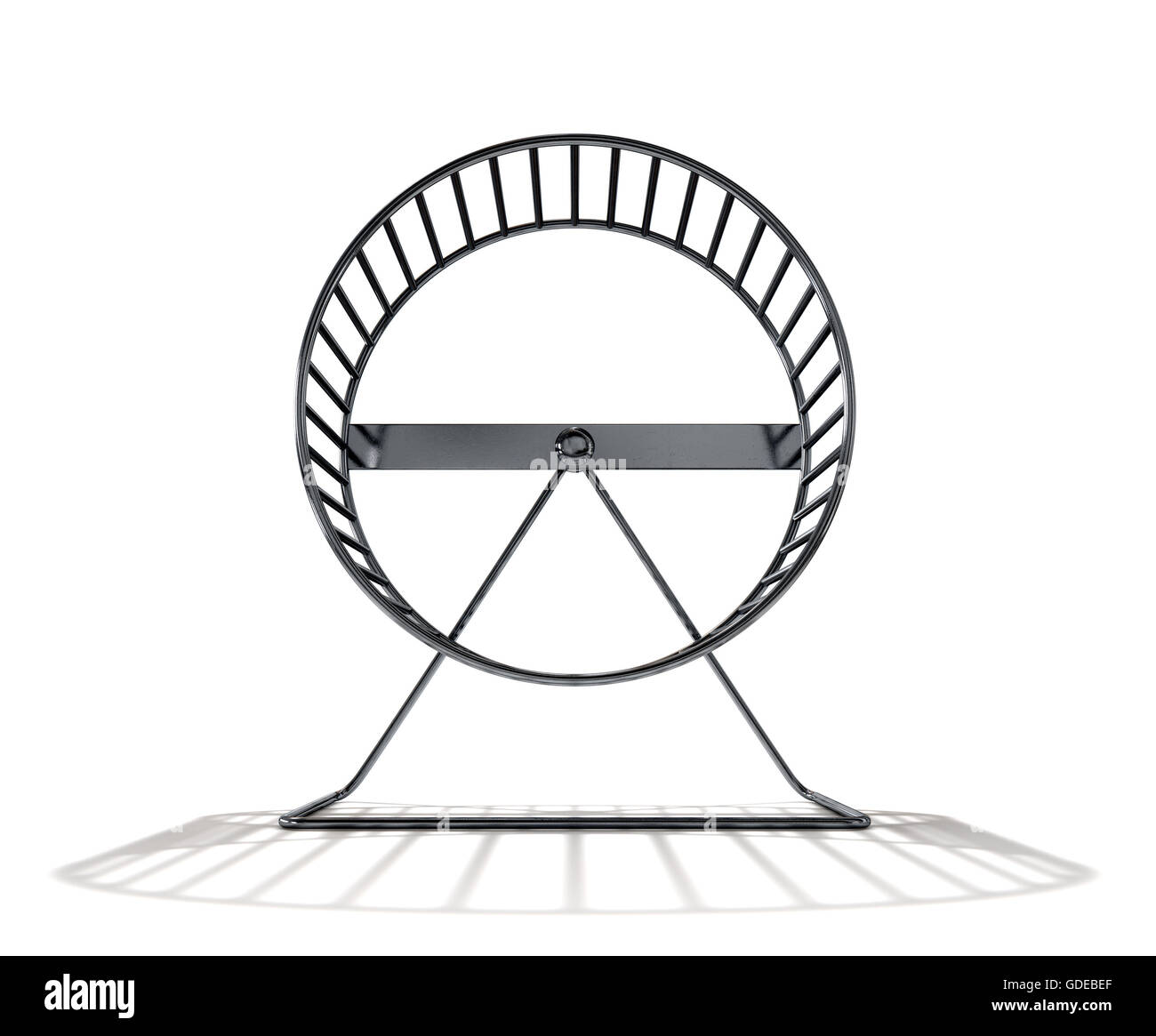 A 3D render of a close up of an empty regular hamster wheel made of metal on an isolated white studio background Stock Photo