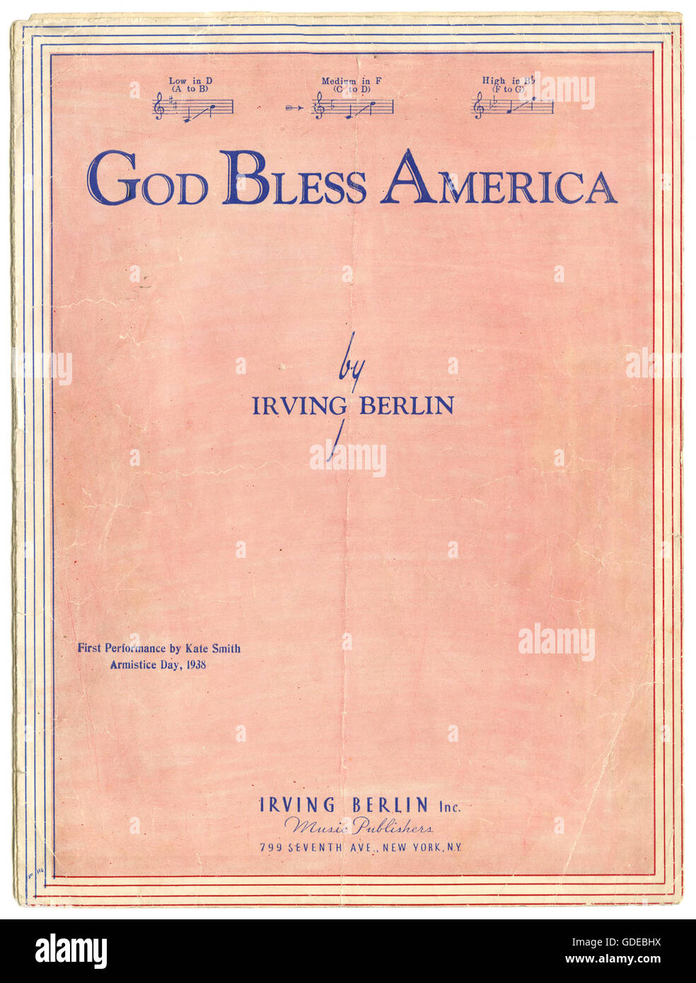 Piano sheet music cover for God Bless America by Irving Berlin 1938 Stock Photo