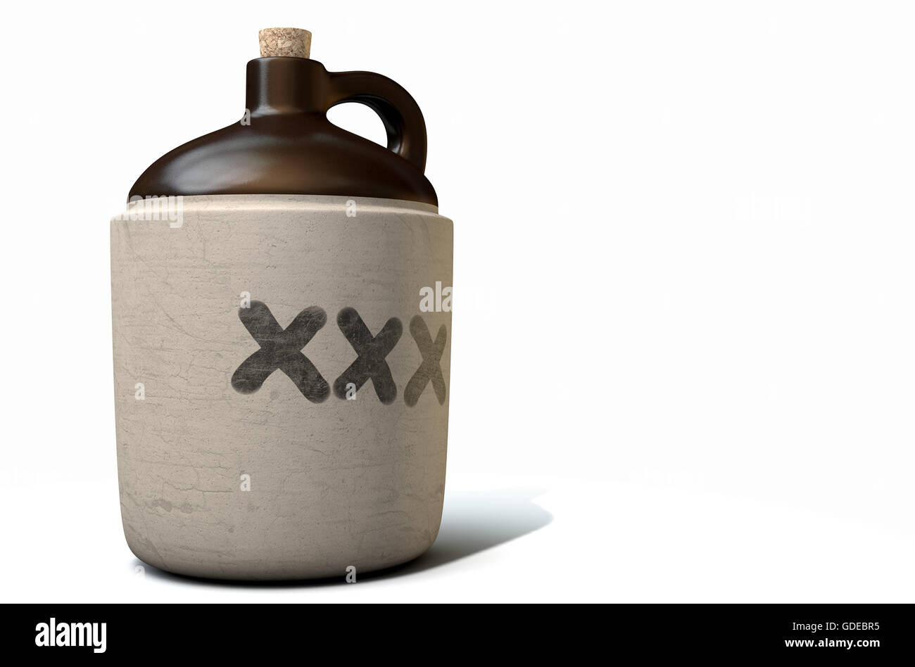 A 3D render of a vintage moonshine jug on an isolated white studio