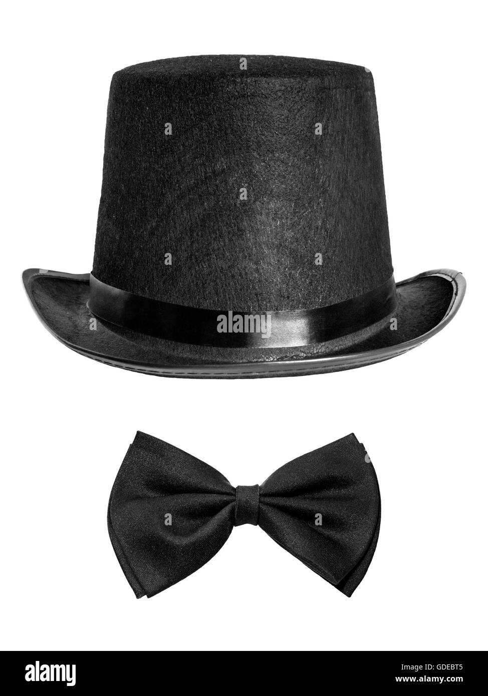 black felt hat and bow tie isolated on white background. front view Stock Photo