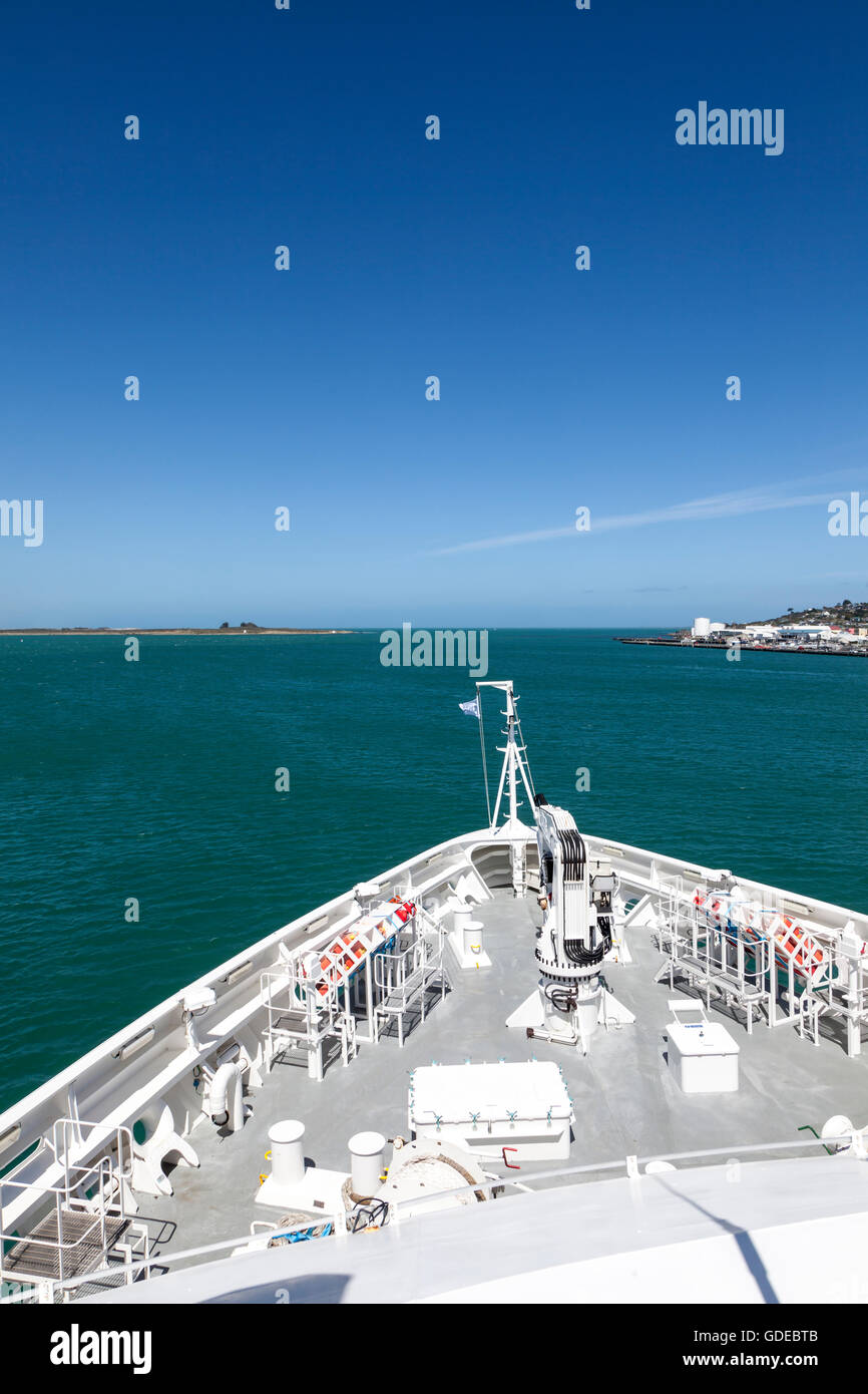 Ponant's Le Soleal expedition ship leaving Bluff, New Zealand Stock Photo