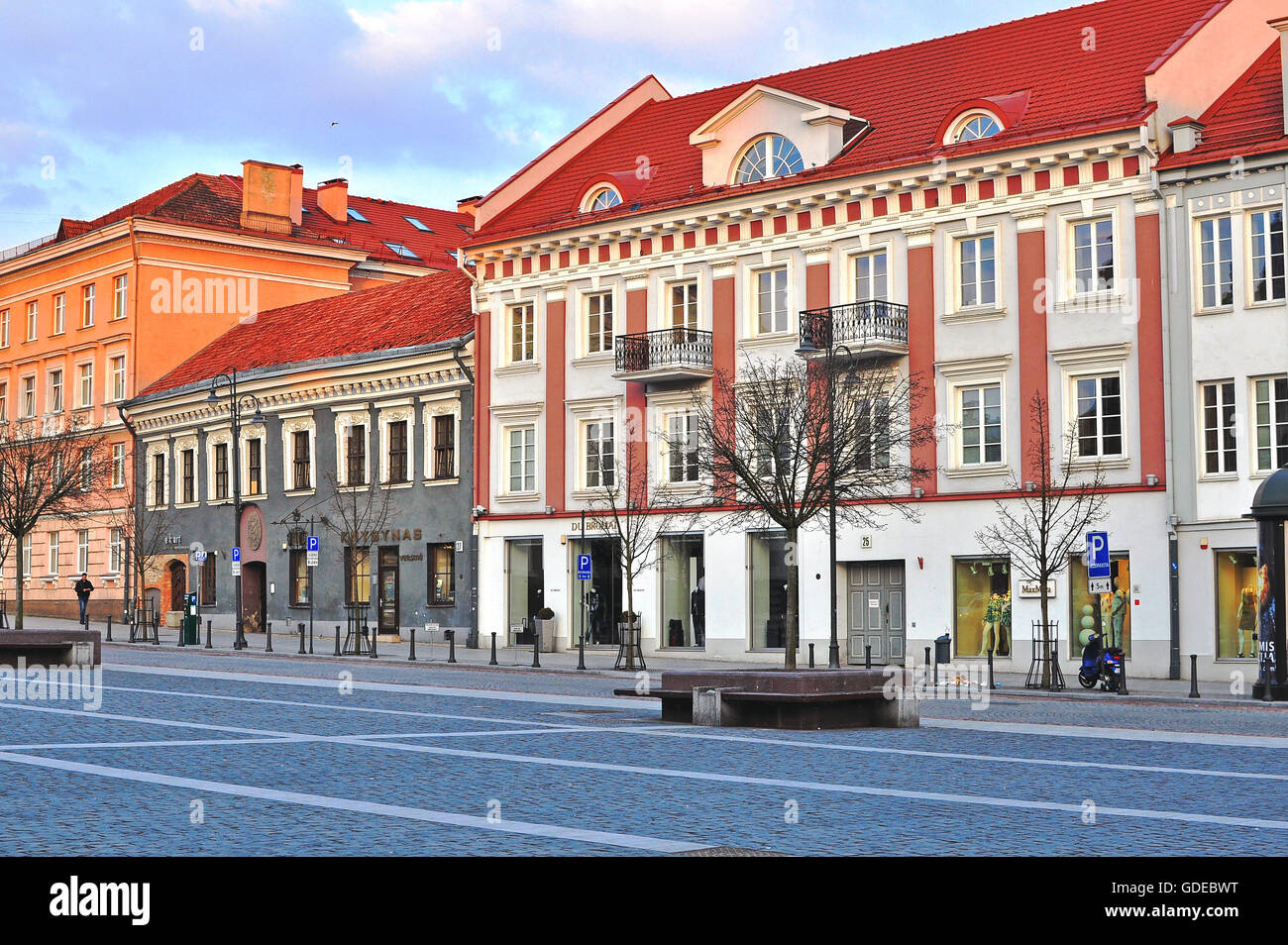 VILNIUS, LITHUANIA - APRIL 12: View of a street in Vilnius old town on April 12, 2015. Stock Photo