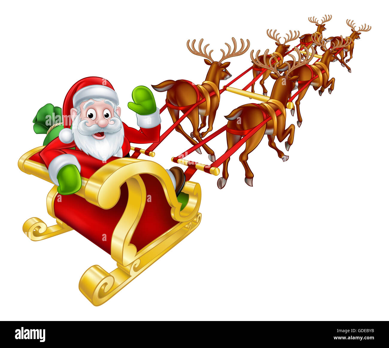 Cartoon Santa Claus and his reindeer Christmas sleigh sled Stock Photo