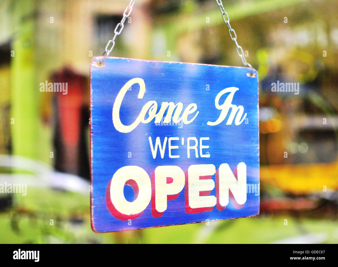 Blue open sign Stock Photo