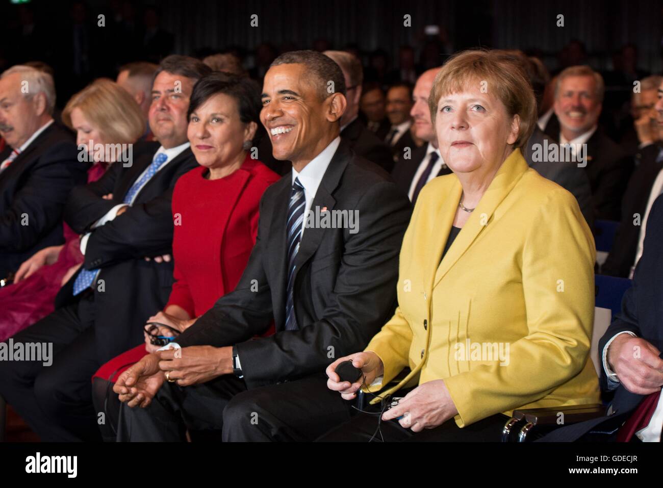 U.S President Barack Obama and German Chancellor Angela Merkel watch performances from Alvin Ailey Dance Theater and the cast of the Broadway musical Wicked during the opening ceremony for the USA Pavilion at the Hannover Messe Trade Fair April 25, 2016 in Hannover, Germany. The event is the world's largest industrial technology trade fair held yearly since 1947 in northern Germany. Stock Photo