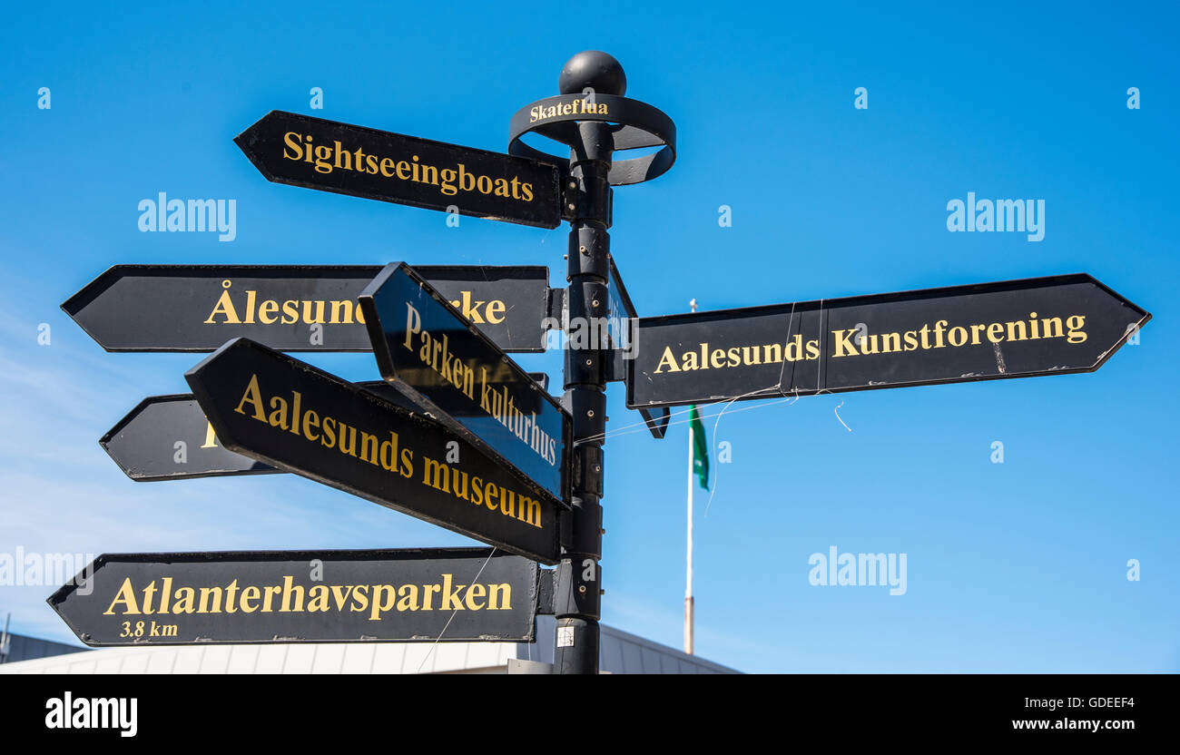 Sightseeing Directional signs. City of Alesund, Norway, More og Ramsda, Scandanavia, Europel Stock Photo