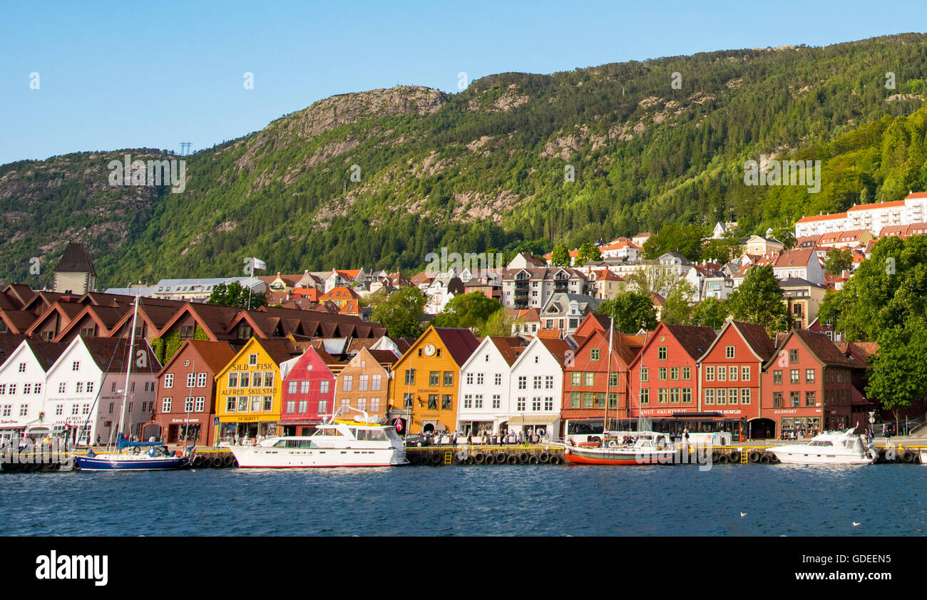 Colorful Old Wooden warehouses Bergen Harbour, A Unesco World Heritage Site, Bergen, Norway, Hordaland, Scandanavia, European Stock Photo