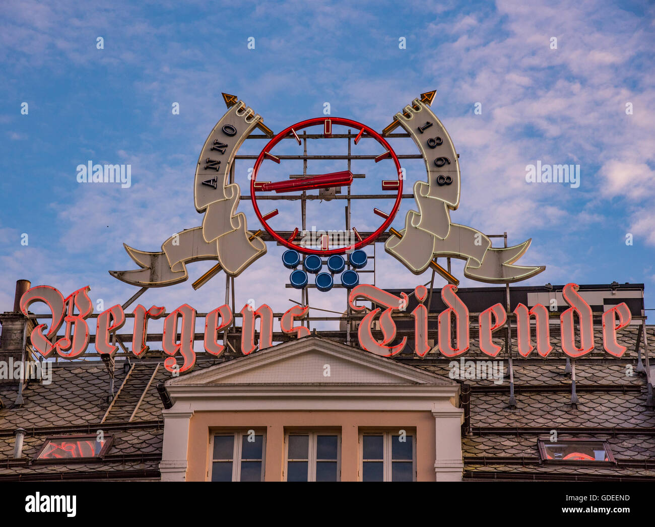 Sign amd Clock. Bergen Railroad station. Main Square, Bergen, Norway, Hordaland, Scandinavia, Europe Stock Photo