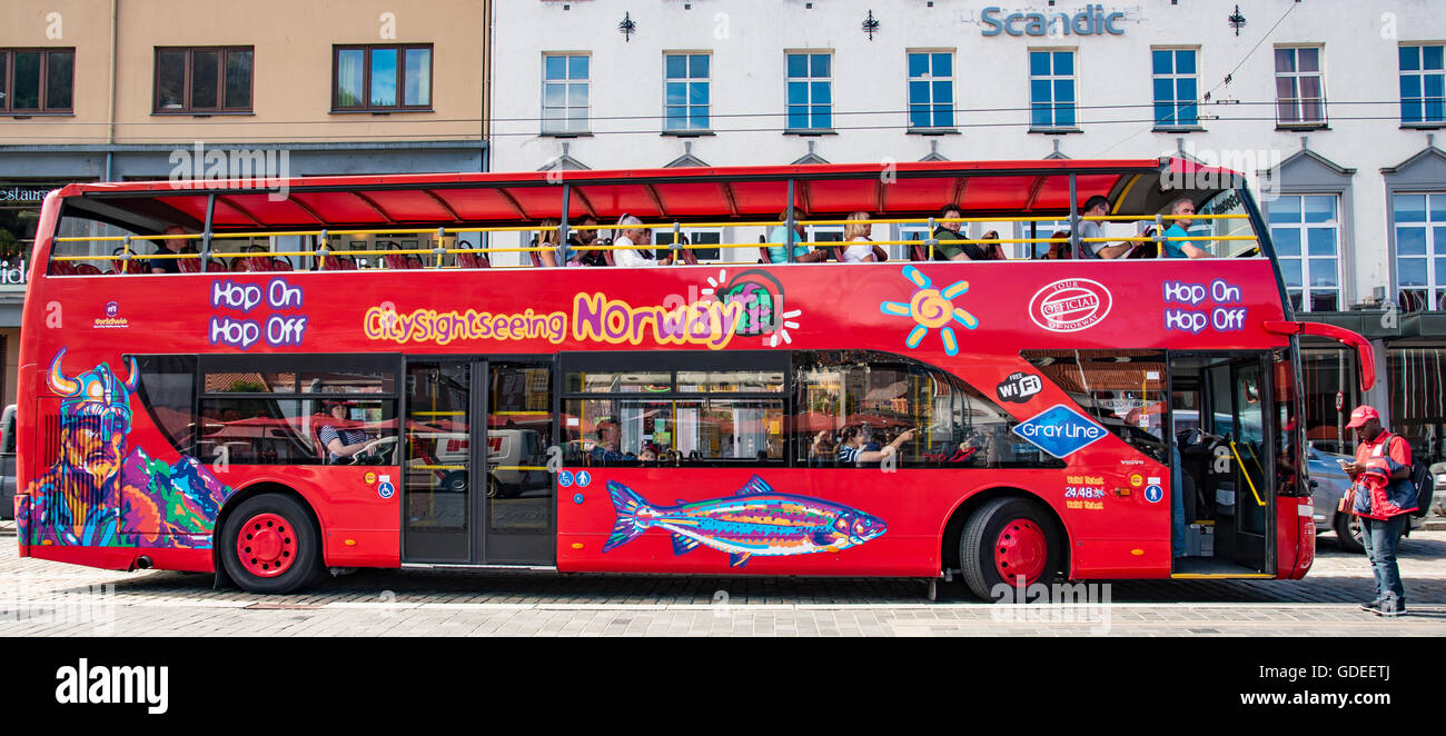 Red Sightseeing bus in Bergen, Norway, Hordaland, Scandinavia,European Stock Photo