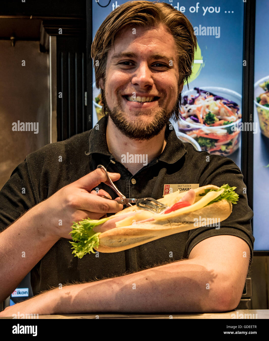 Most Popular sandwich in Norway called a baguette on a narrow loaf  of French Bread, Bergen, Norway, Hoardaland, European Stock Photo