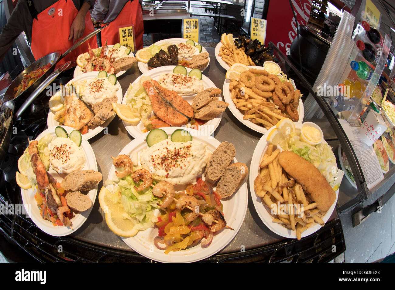 Delicious food plates prepared for tourists at the Famous Bergen Fish Market, Bergen, Norway, Hoardaland, Scandinavia Stock Photo