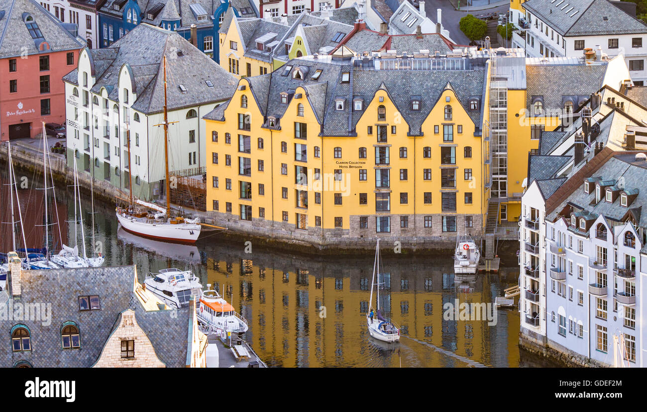 View from Aksla of Brosundet Canal and facade of Art Noveau District. Alesund, Norway,  More Og Romsdal Stock Photo