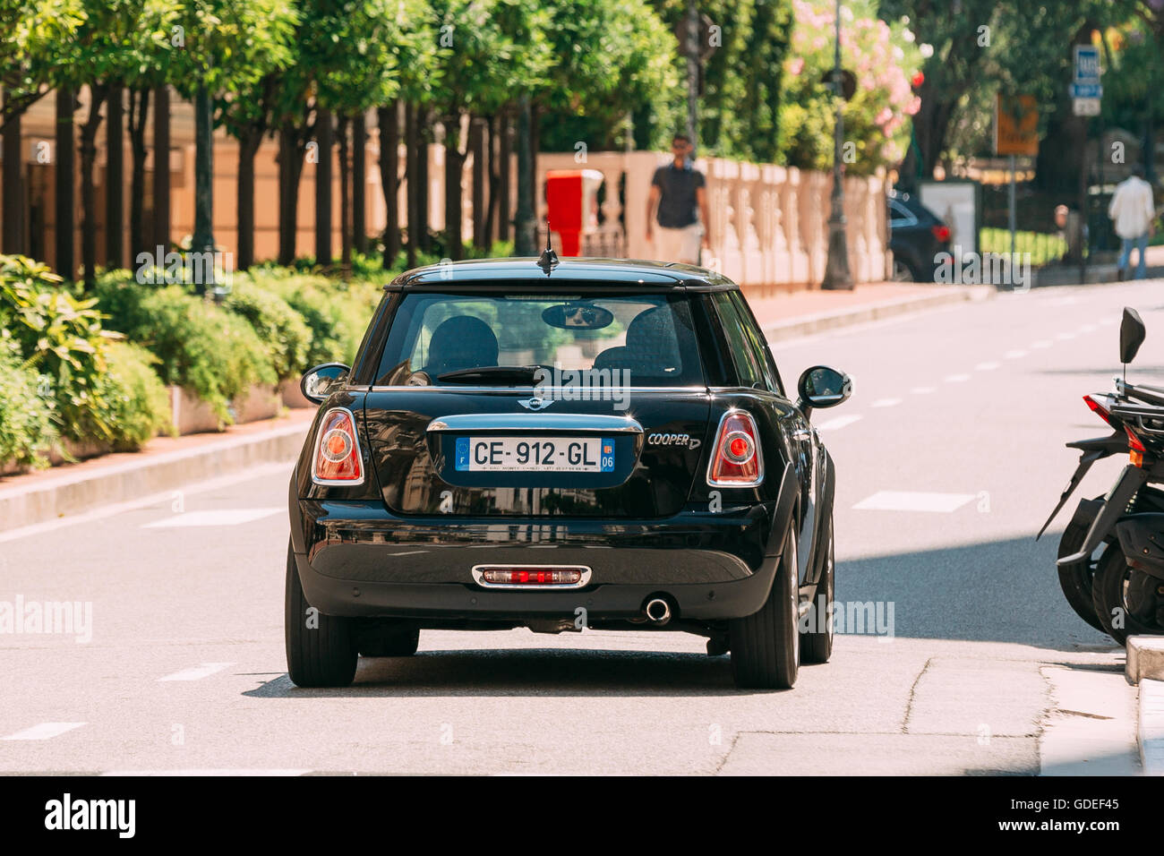 Monte-Carlo, Monaco - June 28, 2015: Black color Mini Cooper on street Stock Photo