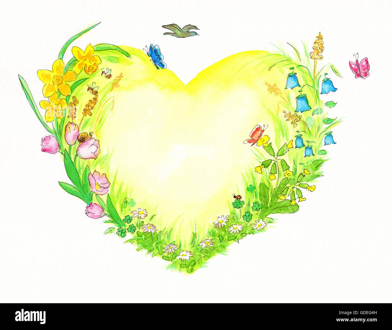 Yellow and green heart watercolor painting with spring related themes Stock Photo
