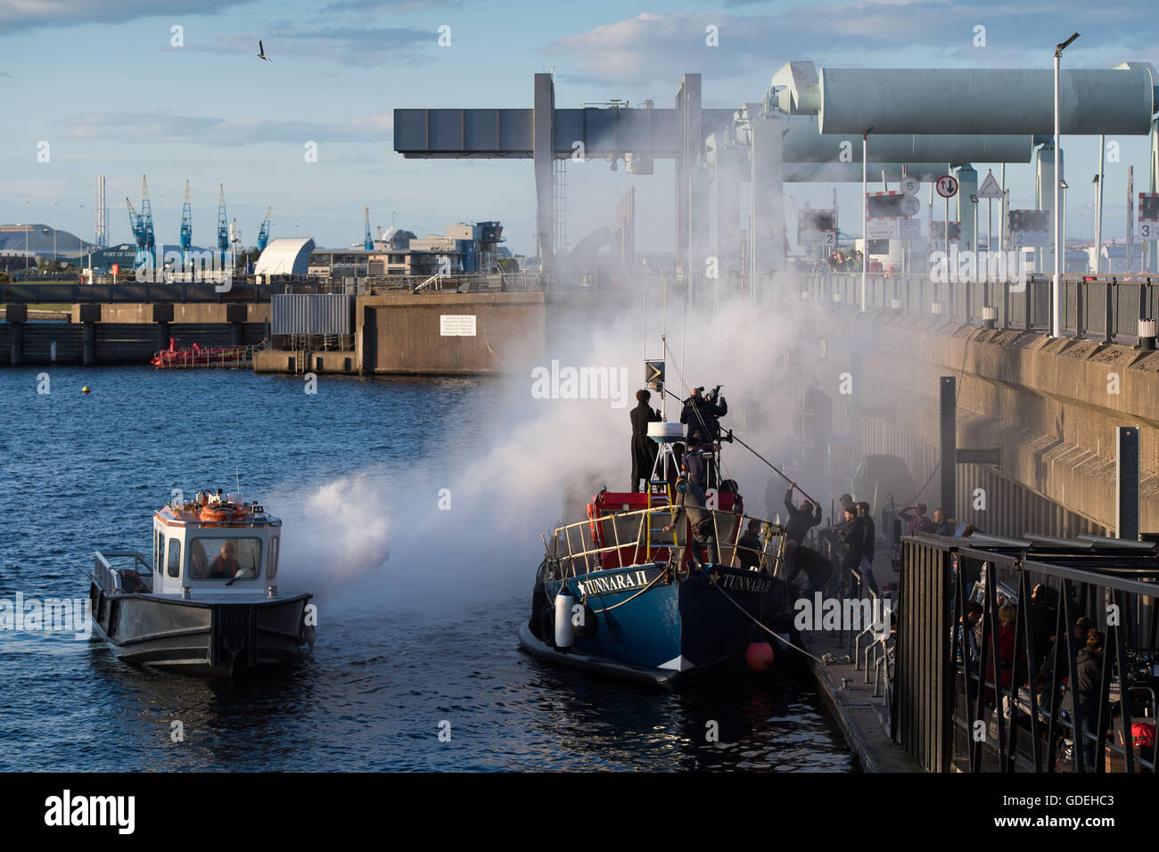 CARDIFF, UK. 13th July 2016. Benedict Cumberbatch and Martin Freeman are spotted on the set of BBC's Sherlock on the Cardiff Bay Stock Photo