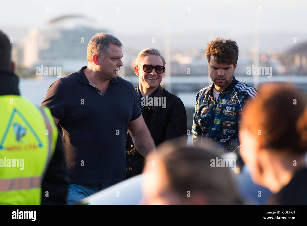 CARDIFF, UK. 13th July 2016. Martin Freeman is spotted leaving the Sherlock set on the Cardiff Bay barrage. Stock Photo