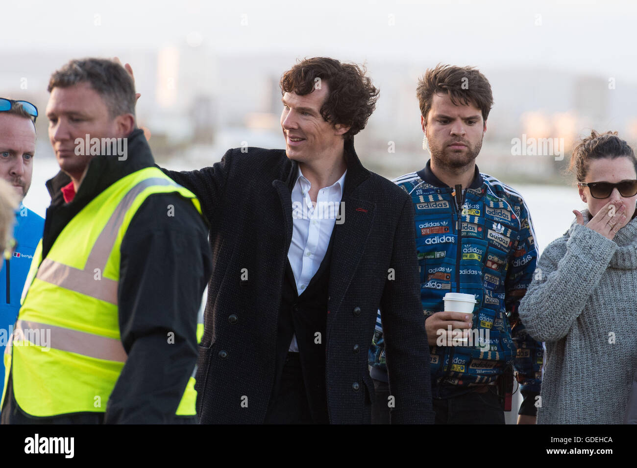 CARDIFF, UK. 13th July 2016. Benedict Cumberbatch is spotted leaving the Sherlock set on the Cardiff Bay barrage. Stock Photo