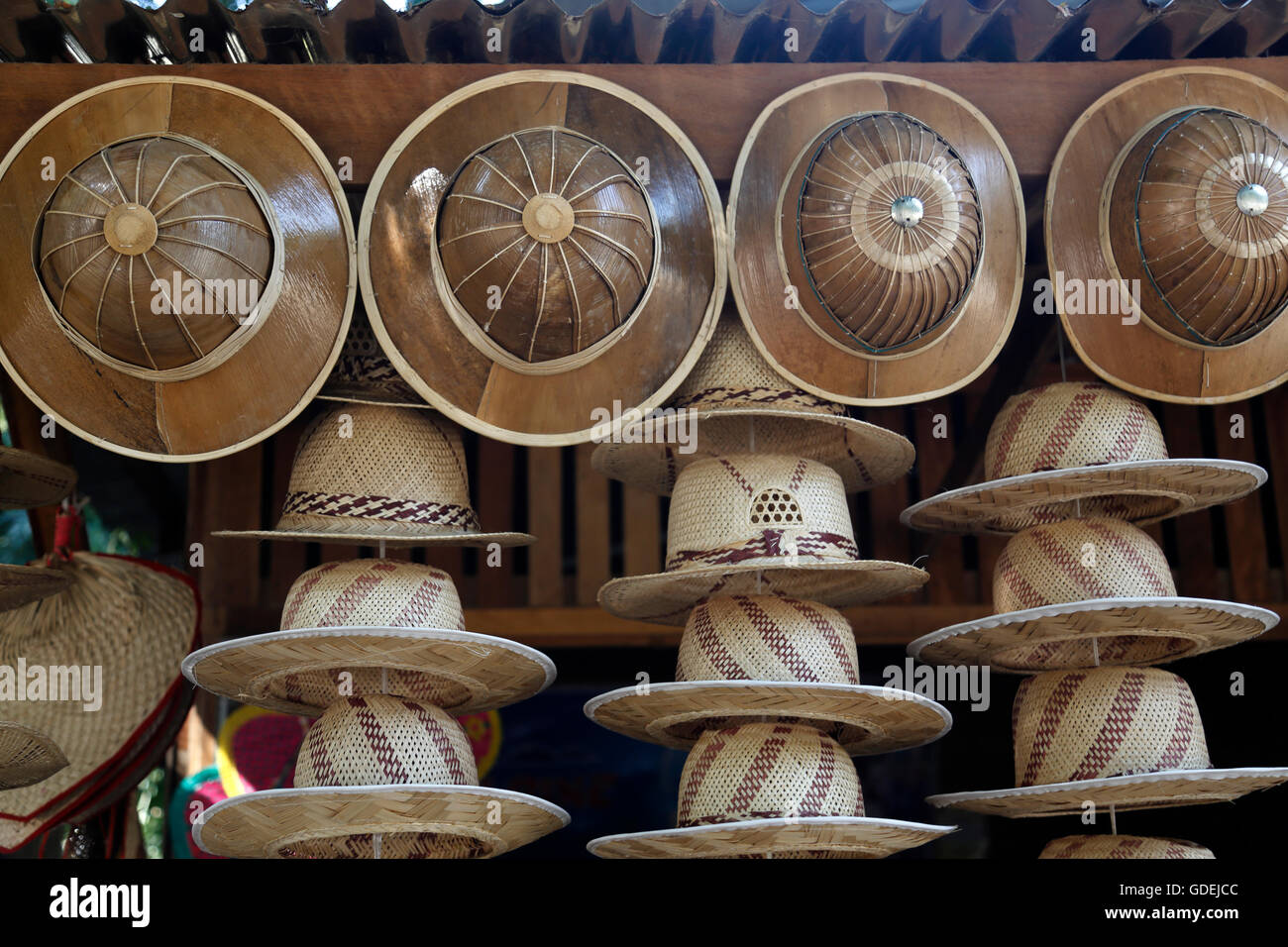 Straw hats for sale at a roadside stall, Mingun, Myanmar Stock Photo