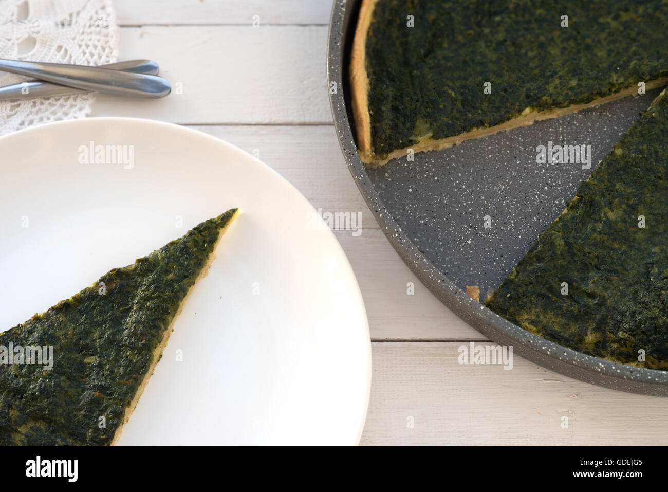 overhead view of Spinach quiche Stock Photo