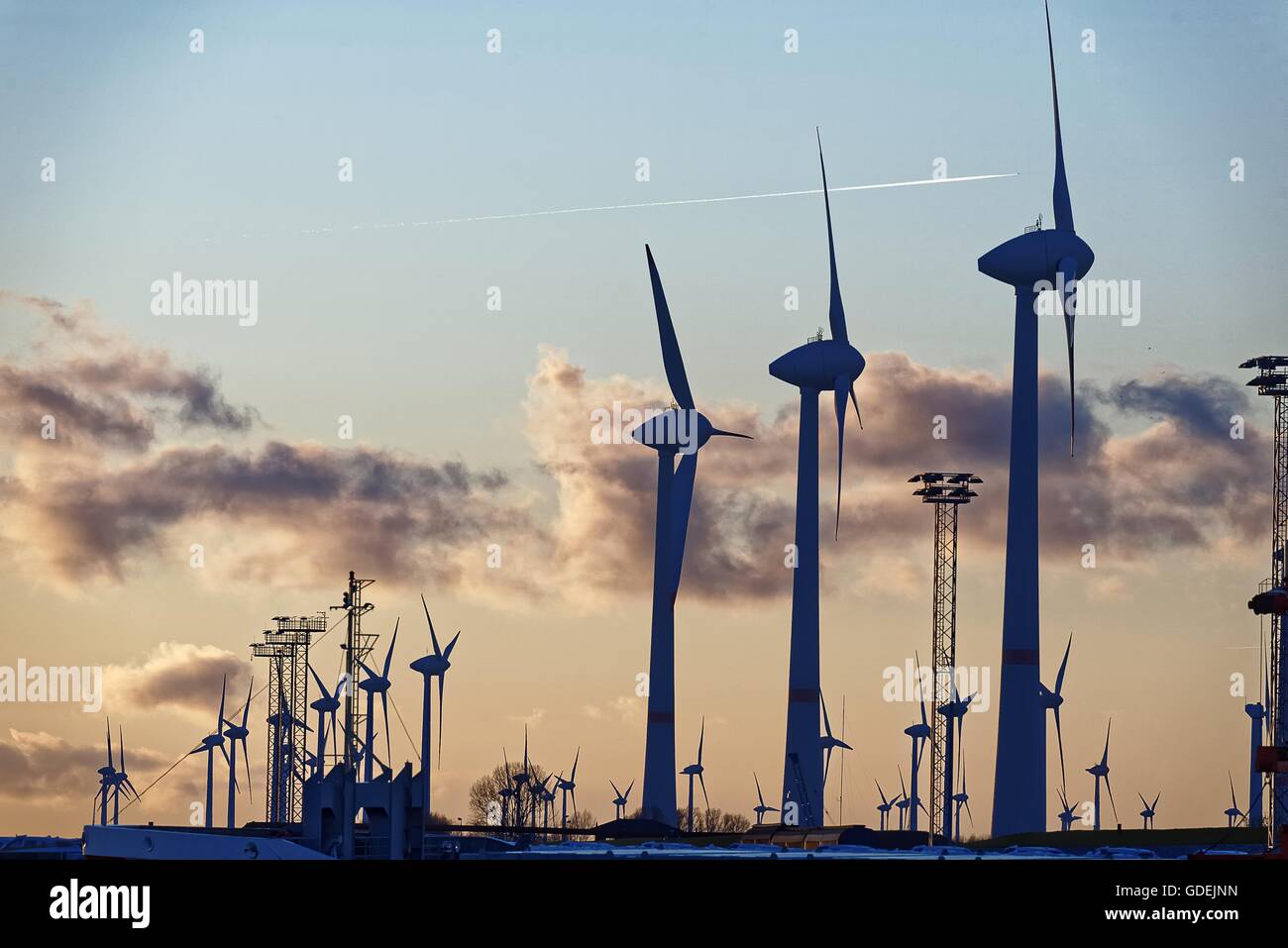 Silhouette of wind turbines, Emden, Lower Saxony, Germany Stock Photo