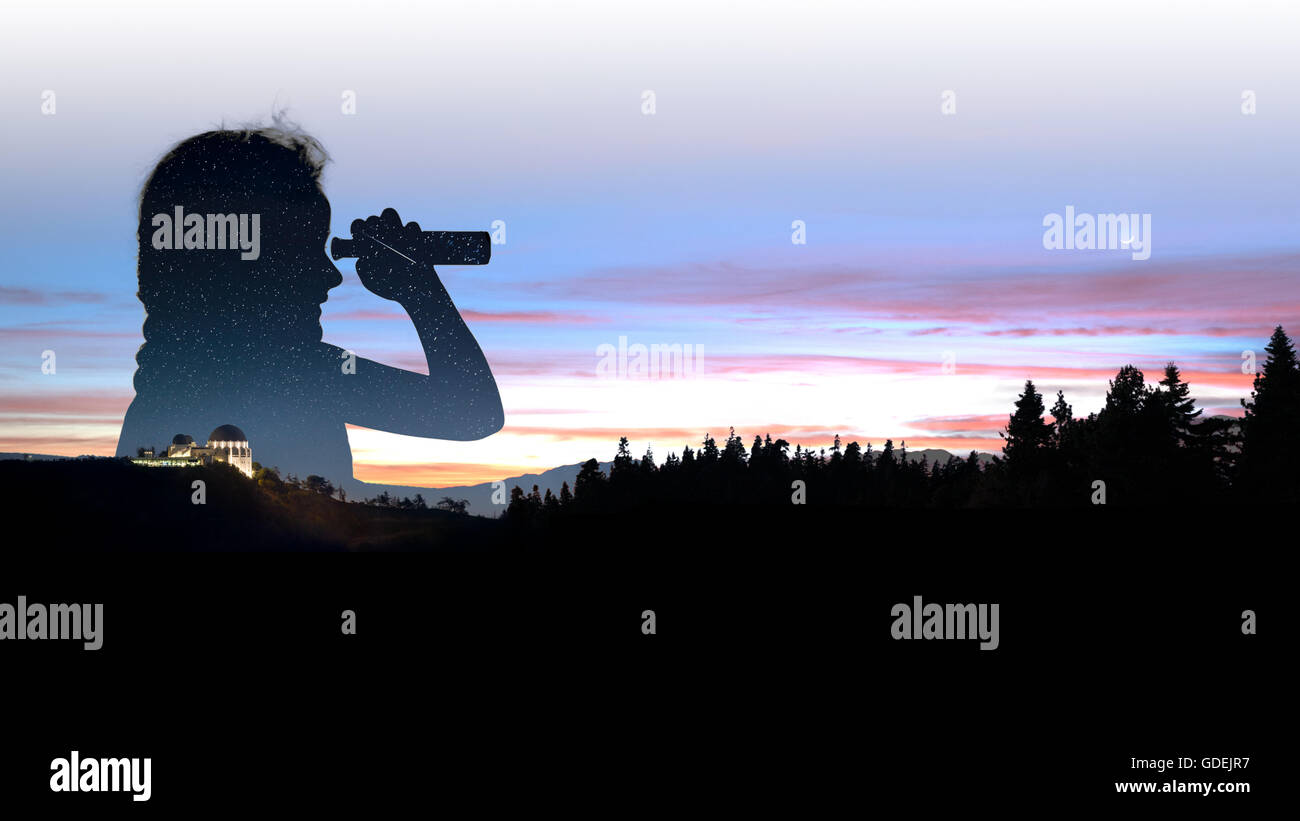 Double exposure Silhouette of Girl looking through telescope by Griffith Observatory, Los Angeles, California, United States Stock Photo