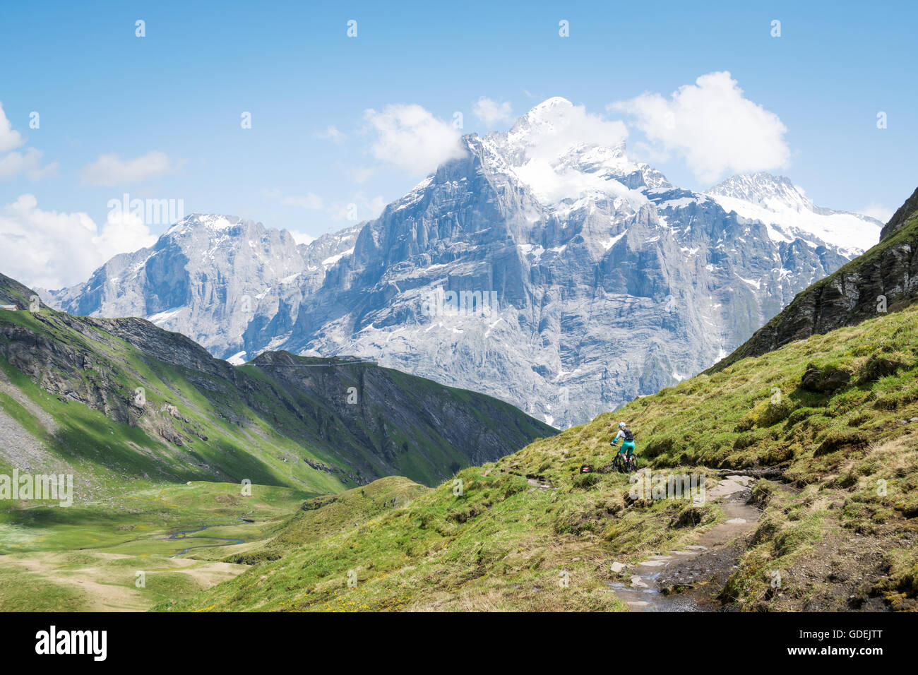 woman mountain biking in swiss alps, Grindelwald, Switzerland Stock Photo