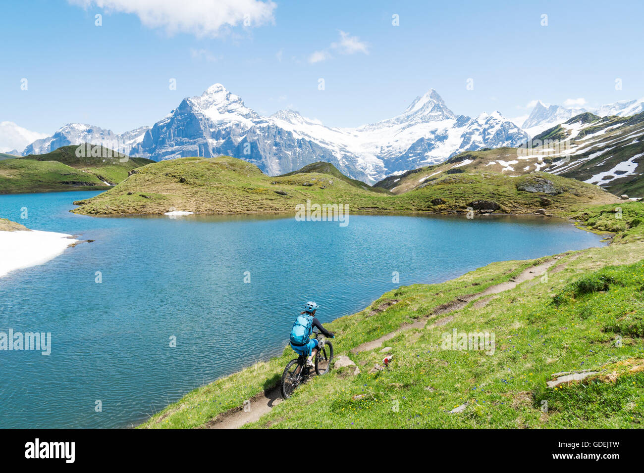 woman mountain biking in swiss alps, Grindelwald, Switzerland Stock Photo