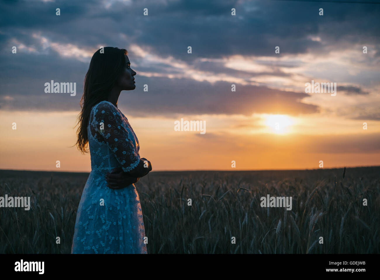 Woman standing in wheat field looking at sunset Stock Photo - Alamy