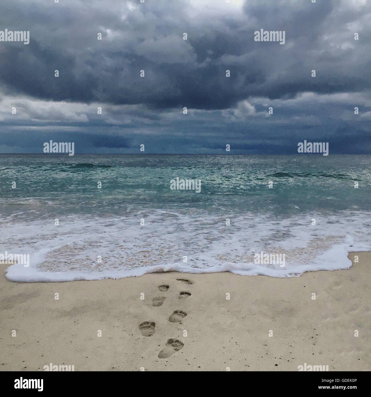 Footprints on beach Stock Photo