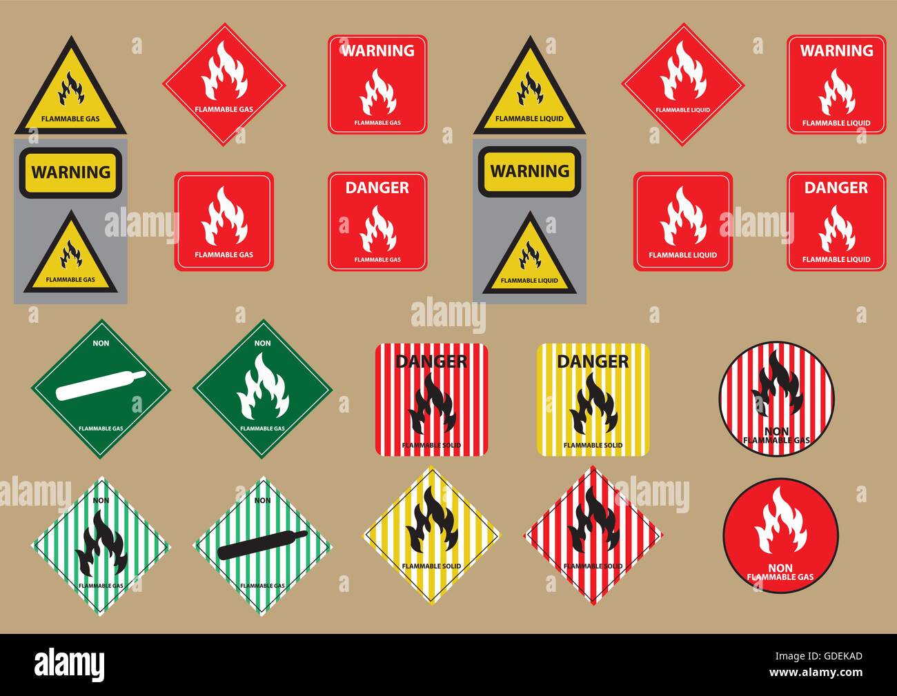 set of flammable liquid gas solid fuel sign vector illustration Stock Vector