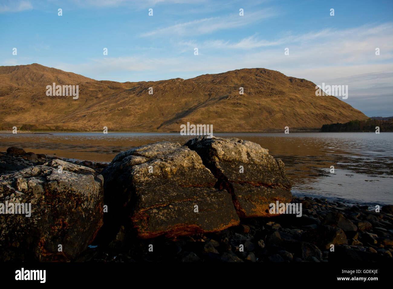 Scotland,Great Britain,west coast,Inverie,bay,Loch Nevis,spring,stone,evening light,sundown,sunset, Stock Photo