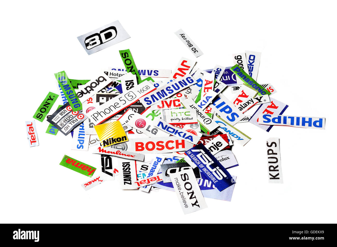 A grungy, grainy  collage made up of newspaper clippings names of technology  brands Stock Photo