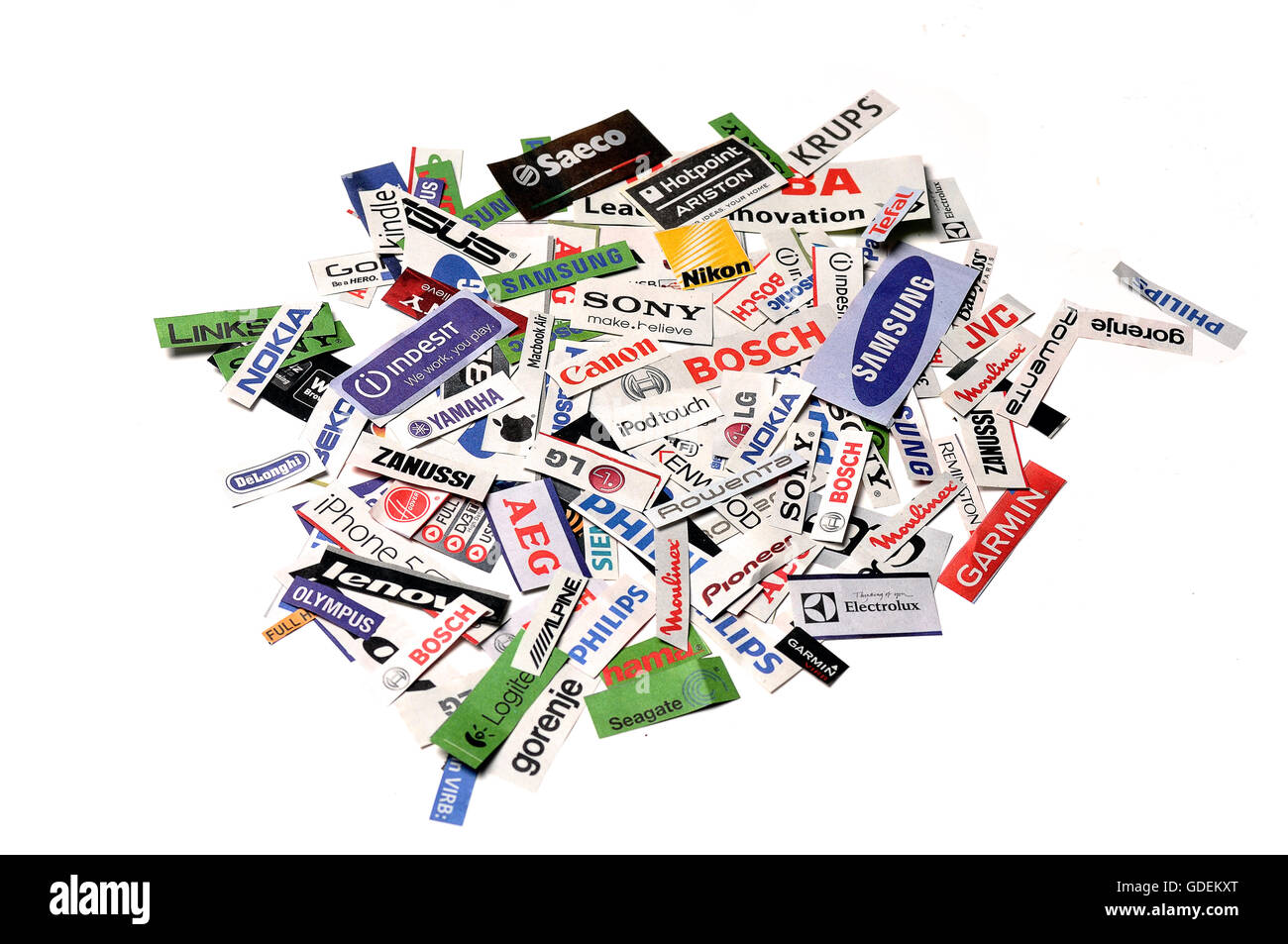 A grungy, grainy  collage made up of newspaper clippings names of technology  brands Stock Photo